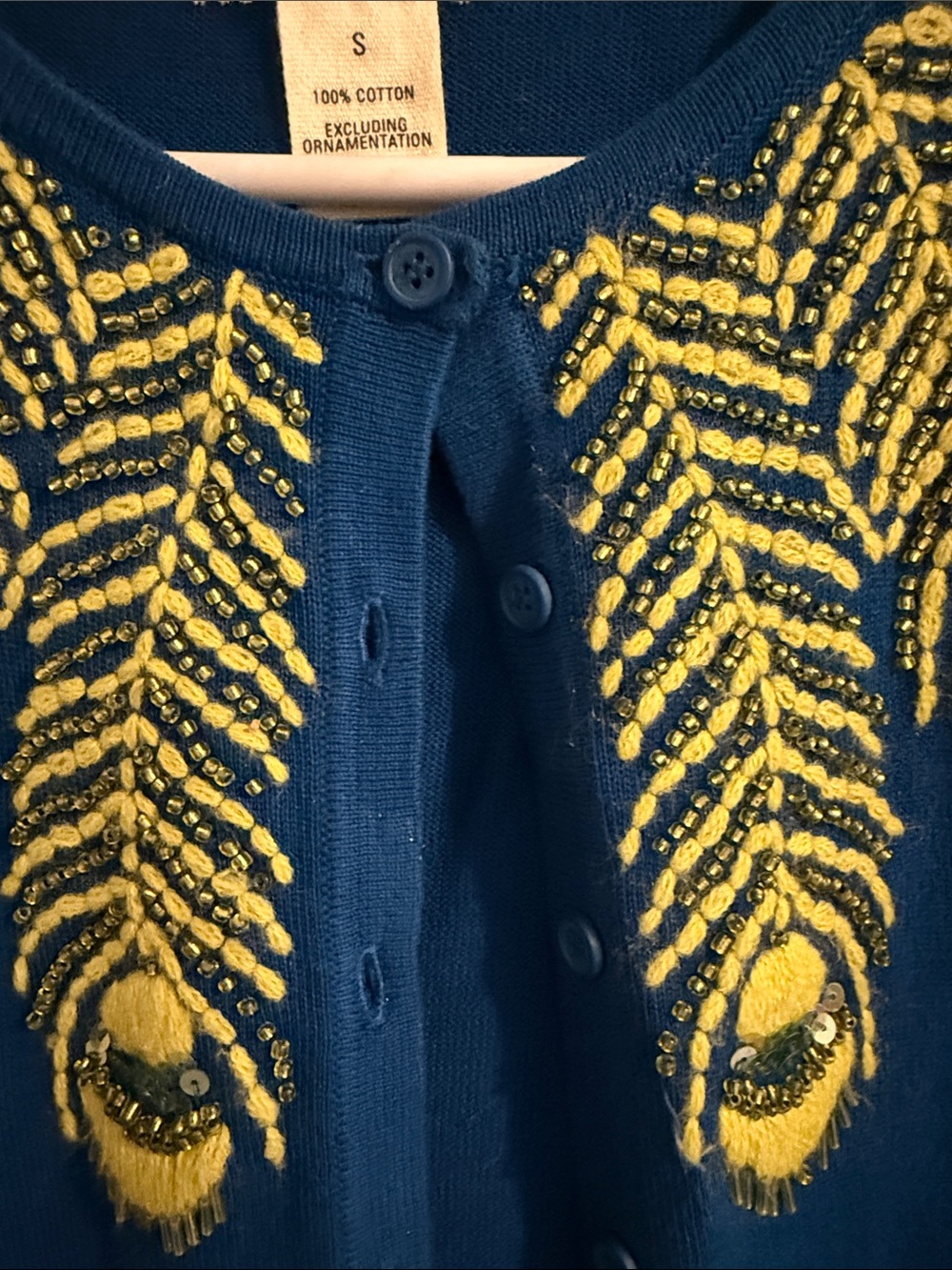 Anthropologie Tabitha Blue Cardigan with Yellow-Green Peacock Embellishment - Picture 4 of 8